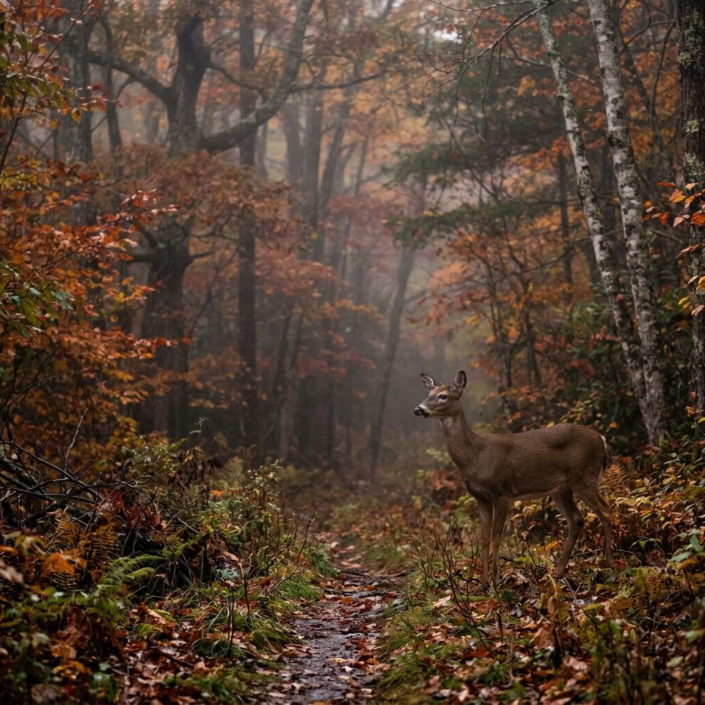 A whitetail doe at the edge of a misty autumn forest