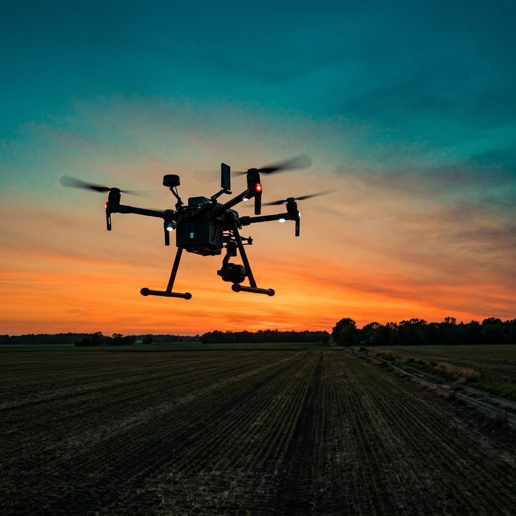 Illustrative quadcopter drone hovering over a field at twilight, not a photograph of Dan’s equipment