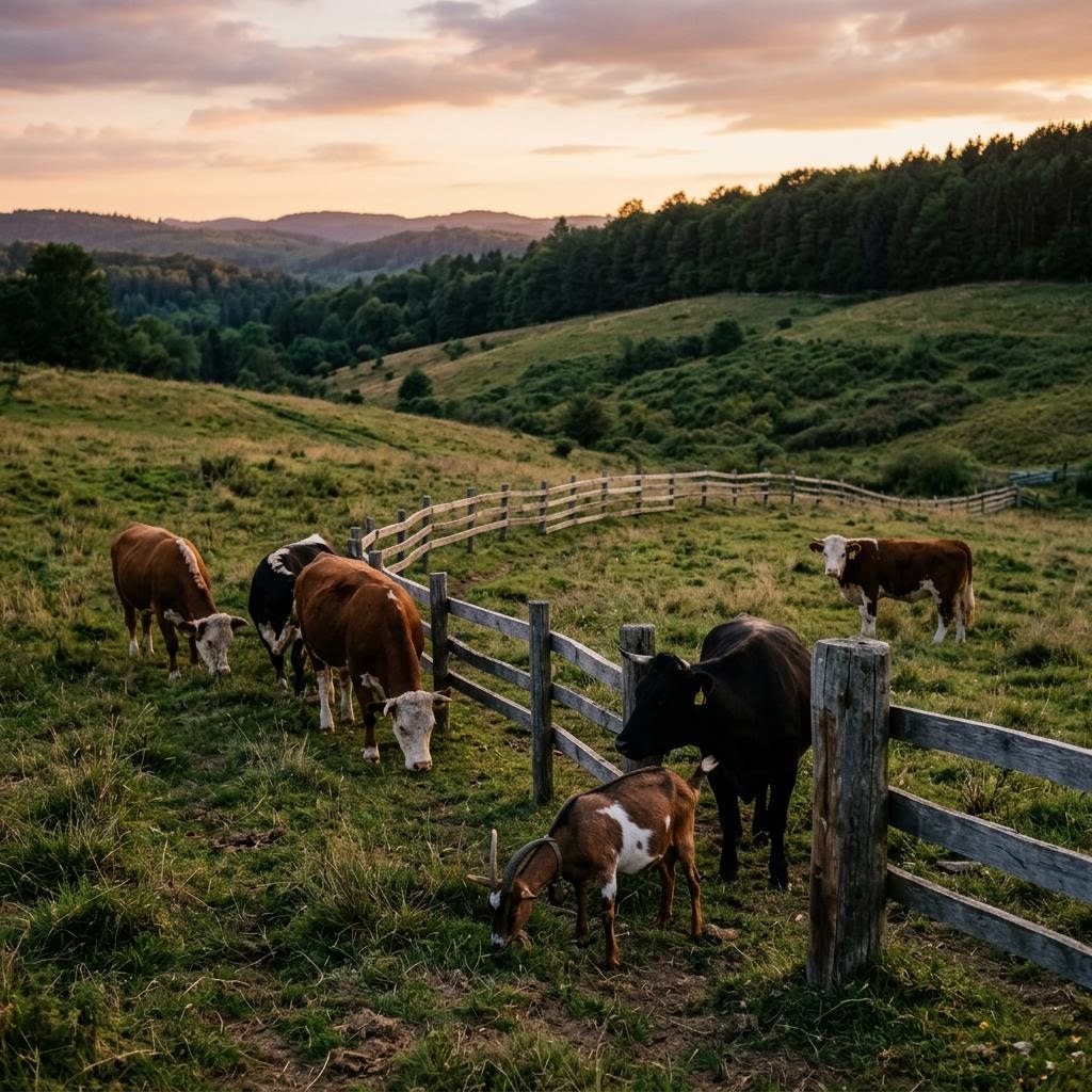 Cattle and a goat in a hilly pasture at dusk beside a wooden fence