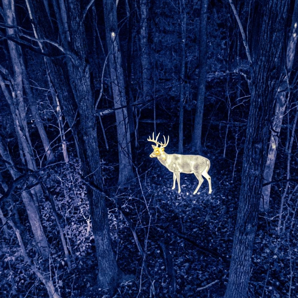 Thermal view of a deer glowing orange-white against cold dark woods