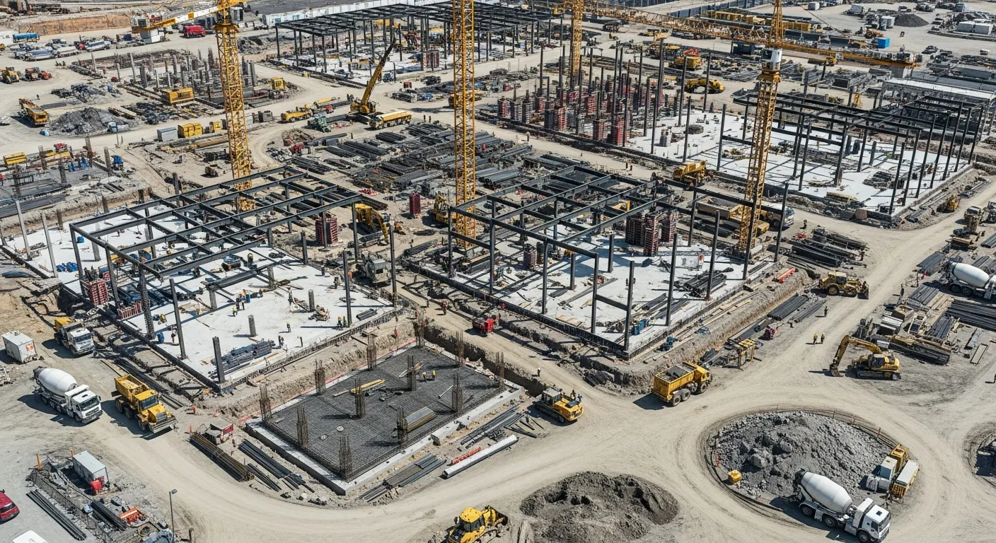 Illustrative construction-site aerial view, not a customer progress record