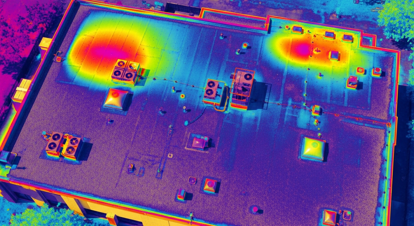 Thermal drone roof inspection showing trapped moisture saturation patterns